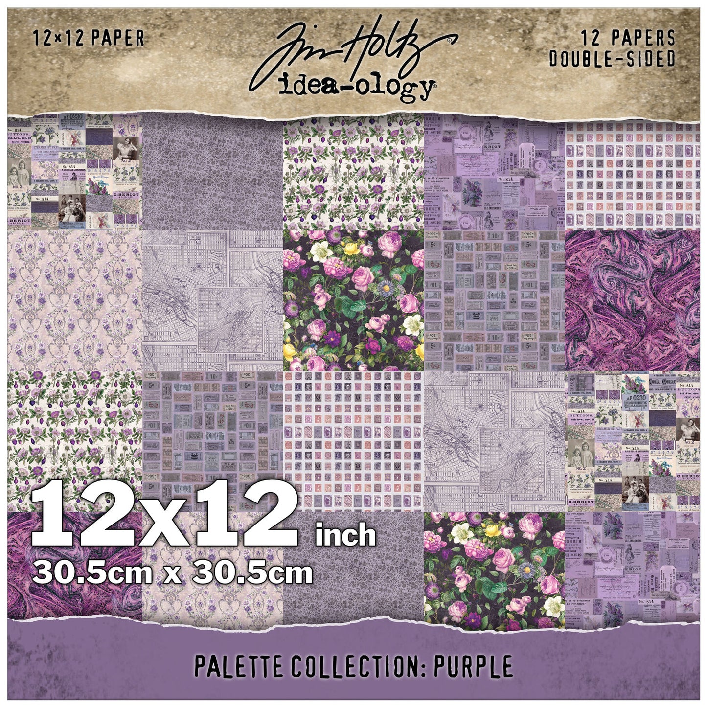 Purple toned designs in this pack include patterns in lilac, lavender and violet including ticket stubs, postage stamps, gorgeous roses, labels and vintage adverts, wallpapers, floral prints, a background of swirly marbled magenta-violet and more. This Idea-Ology scrapbooking paper is full of beautiful designs from the Tim Holtz Palette Paper Collection, double sided vintage imagery for papercrafts.