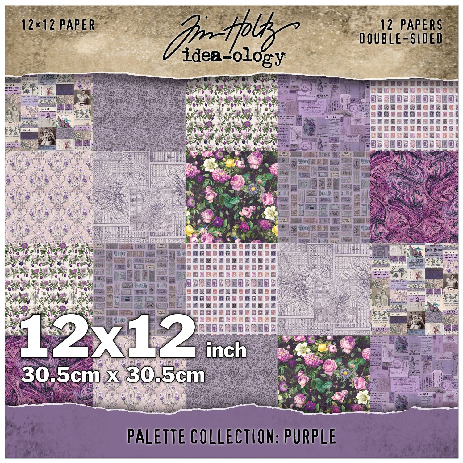 Purple toned designs in this pack include patterns in lilac, lavender and violet including ticket stubs, postage stamps, gorgeous roses, labels and vintage adverts, wallpapers, floral prints, a background of swirly marbled magenta-violet and more. This Idea-Ology scrapbooking paper is full of beautiful designs from the Tim Holtz Palette Paper Collection, double sided vintage imagery for papercrafts.