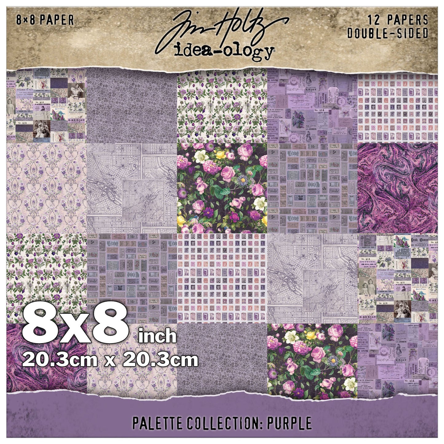 Purple toned designs in this pack include patterns in lilac, lavender and violet including ticket stubs, postage stamps, gorgeous roses, labels and vintage adverts, wallpapers, floral prints, a background of swirly marbled magenta-violet and more. This Idea-Ology scrapbooking paper is full of beautiful designs from the Tim Holtz Palette Paper Collection, double sided vintage imagery for papercrafts.