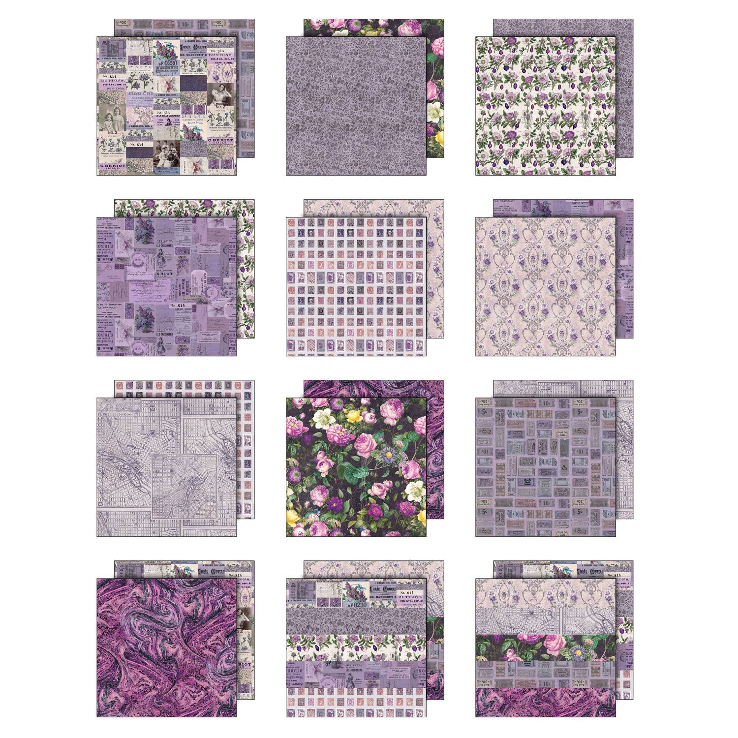 Purple toned designs in this pack include patterns in lilac, lavender and violet including ticket stubs, postage stamps, gorgeous roses, labels and vintage adverts, wallpapers, floral prints, a background of swirly marbled magenta-violet and more. This Idea-Ology scrapbooking paper is full of beautiful designs from the Tim Holtz Palette Paper Collection, double sided vintage imagery for papercrafts.