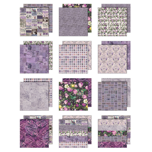 Purple toned designs in this pack include patterns in lilac, lavender and violet including ticket stubs, postage stamps, gorgeous roses, labels and vintage adverts, wallpapers, floral prints, a background of swirly marbled magenta-violet and more. This Idea-Ology scrapbooking paper is full of beautiful designs from the Tim Holtz Palette Paper Collection, double sided vintage imagery for papercrafts.