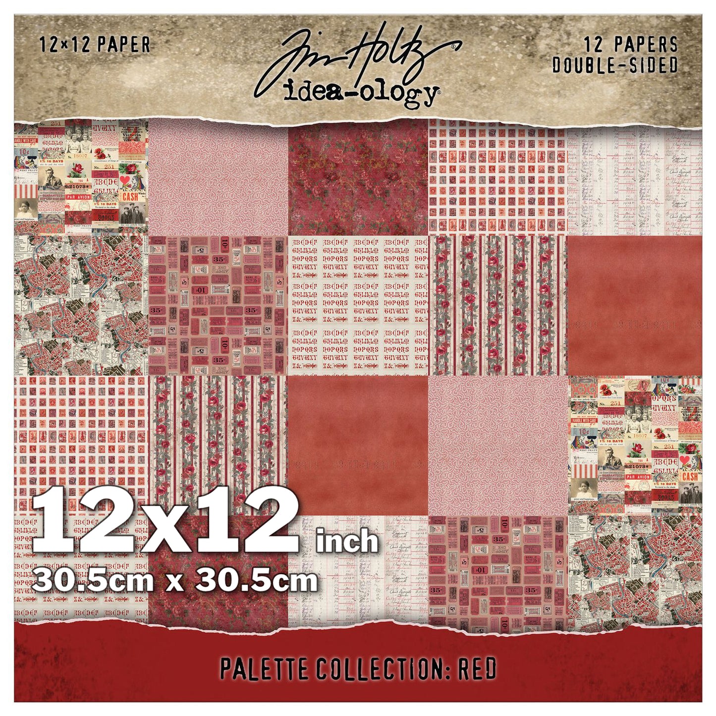 Red Palette Paper 12x12 inch - Tim Holtz Idea-Ology Collection - red is often seen in the colours of fired bricks, lumberjacks, candied apples, the Aussie Outback, hot days and grungy rust - printed  designs in this pack includes postage stamps, bookkeeping stationery and ledgers, maps, found relatives, tickets, words and short phrases, vintage finds, hearts, stripes, scarlet roses and other crimson flowers.