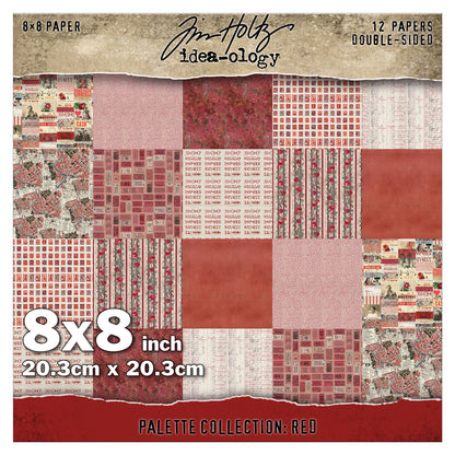 Red Palette Paper 8x8 inch - Tim Holtz Idea-Ology Collection - red is often seen in the colours of fired bricks, lumberjacks, candied apples, the Aussie Outback, hot days and grungy rust - printed  designs in this pack includes postage stamps, bookkeeping stationery and ledgers, maps, found relatives, tickets, words and short phrases, vintage finds, hearts, stripes, scarlet roses and other crimson flowers.