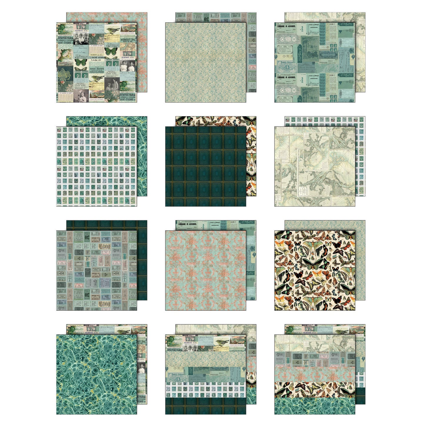 Teal toned designs in this pack include butterflies, marbled watery background, tickets, postage stamps, maps, birds, people, labels, wallpaper patterns, a few quotes and more. Tim Holtz Idea-Ology Paper Palette Collection printed with nostalgic patterns and vintage imagery, double sided, smooth matte finish, for journling, scrapbooking, cardmaking, papercraft creative arts.