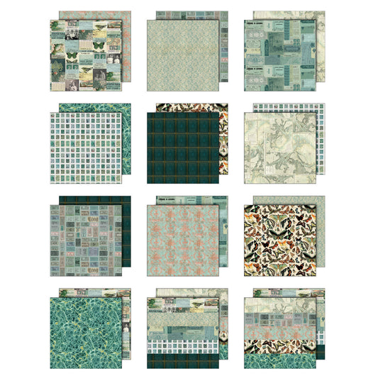 Teal toned designs in this pack include butterflies, marbled watery background, tickets, postage stamps, maps, birds, people, labels, wallpaper patterns, a few quotes and more. Tim Holtz Idea-Ology Paper Palette Collection printed with nostalgic patterns and vintage imagery, double sided, smooth matte finish, for journling, scrapbooking, cardmaking, papercraft creative arts.