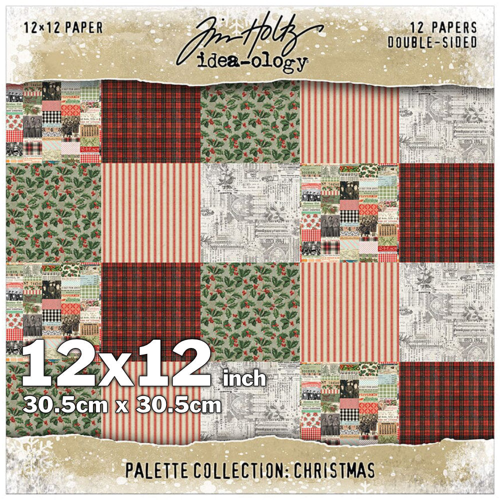 Christmas 12x12 - Tim Holtz Idea-Ology Palette Paper Collection ... printed with seasonal and festive patterns of vintage imagery, double sided, smooth matte finish, 12 (twelve) loose sheets, size 12"x12" (30.5cm x 30.5cm). Christmas papers feature holly and berries, red stripes, black red check (plaid), architectural backdrops, collage strips with various vintage images and patterns, and more! TH94468
