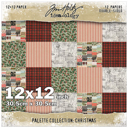 Christmas 12x12 - Tim Holtz Idea-Ology Palette Paper Collection ... printed with seasonal and festive patterns of vintage imagery, double sided, smooth matte finish, 12 (twelve) loose sheets, size 12"x12" (30.5cm x 30.5cm). Christmas papers feature holly and berries, red stripes, black red check (plaid), architectural backdrops, collage strips with various vintage images and patterns, and more! TH94468