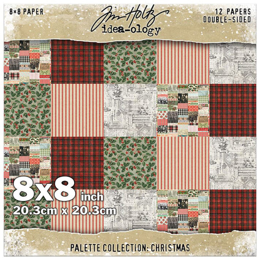 Christmas 8x8 - Tim Holtz Idea-Ology Palette Paper Collection ... printed with seasonal and festive patterns of vintage imagery, double sided, smooth matte finish, 12 (twelve) loose sheets, 8"x8" (8 inch x 8 inch square, 20.3cm x 20.3cm). Christmas papers feature holly and berries, red stripes, black red check (plaid), architectural backdrops, collage strips with various vintage images and patterns, and more! TH94482
