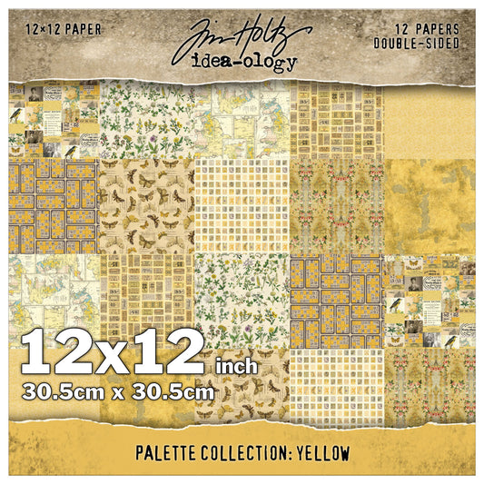 Yellow 12x12 - Tim Holtz Idea-Ology Palette Paper Collection ... printed with nostalgic patterns and vintage imagery, double sided, smooth matte finish, 1 (one) of each design. 12 (twelve) loose sheets, size 12"x12" (30.5cm x 30.5cm).

Yellow toned (from pale cream to dark mustard) designs in this pack include birds, tickets, postage stamps, butterflies and moths, florals and botanicals, maps, bingo cards, wallpaper, distressed backgrounds, a few quotes and more.