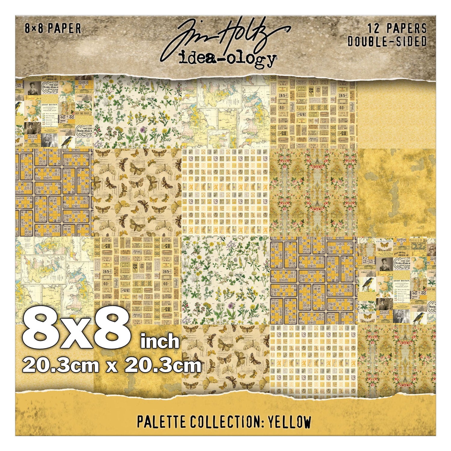 Yellow 8x8 - Tim Holtz Idea-Ology Palette Paper Collection ... printed with nostalgic patterns and vintage imagery, double sided, smooth matte finish, 1 (one) of each design. 12 (twelve) loose sheets, size 8"x8" (20.3cm x 20.3cm). Yellow toned designs (from cream to dark mustard) in this pack include birds, tickets, postage stamps, butterflies and moths, florals and botanicals, maps, bingo cards, wallpaper, distressed backgrounds, a few quotes and more.