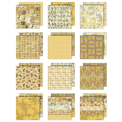 overview of the Yellow Tim Holtz Idea-Ology Palette Paper Collection ... printed with nostalgic patterns and vintage imagery, double sided, smooth matte finish to use for papercrafts, scrapbooking, junk journaling, cardmaking, collecting, sharing, using to make smiles! Yellow toned (from pale cream to dark mustard) designs in this pack include birds, tickets, postage stamps, butterflies and moths, florals and botanicals, maps, bingo cards, wallpaper, distressed backgrounds, a few quotes and more.