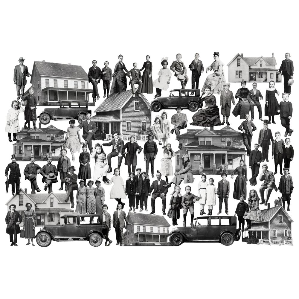 Paper Dolls - Poses, Layers ... by Tim Holtz Idea-Ology - Printed cardstock featuring vintage photographs printed in black and white. 62 (sixty two) pieces in a variety of sizes and shapes, one of each design.  Tim Holtz Paper Dolls in a gathering of people and things with new faces and beautiful old buildings and cars, or rather, automobiles. Use to create unique artwork, making cards, displaying photos, using as collage fodder, memorabilia and adding onto your marvellous makes. TH94376