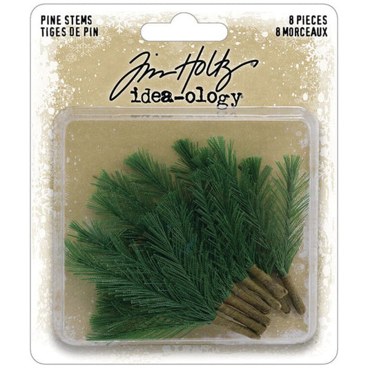 Pine Stems, Christmas - by Tim Holtz Idea-Ology ... miniature realistic pine tree stems with green foliage used for mixed media, home decor, ornaments, decorations, assemblage, visual creative arts. 8 (eight) pine stems, each with 3 branches and taped stems. TH94499. Photo of packaging with pine tree branches inside.