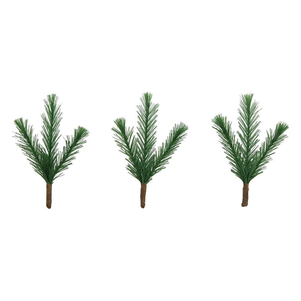 Pine Stems, Christmas - by Tim Holtz Idea-Ology ... miniature realistic pine tree stems with green foliage used for mixed media, home decor, ornaments, decorations, assemblage, visual creative arts. 8 (eight) pine stems, each with 3 branches and taped stems. TH94499. Photo of three pine tree stems.
