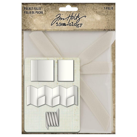 Pocket Folio ... by Tim Holtz Idea-Ology - 1 (one) prefolded folder made of creamy white blank cardstock with fabric tie, to make into an interactive junk journal, memory album or fun keepsake. TH94378. The pages are a concertina or accordion style with pockets and a length of creamy fabric to use as a tie. for your next mixed-media make or addition to a scrapbooking page with all the flip out elements, ideal for storing and or displaying collage fodder, memorabilia and photos.