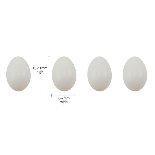 Tiny Eggs - Idea-Ology Resin Models by Tim Holtz ... miniature eggs made of white resin to use in mixed media, off-the-page projects, greeting cards, dimensional artwork, papercrafts and visual arts of all the fun kinds. TH94304 . Packet of 50 (fifty) pieces. Photo showing the dimensions, sizes of these tiny very small realistic shaped eggs.