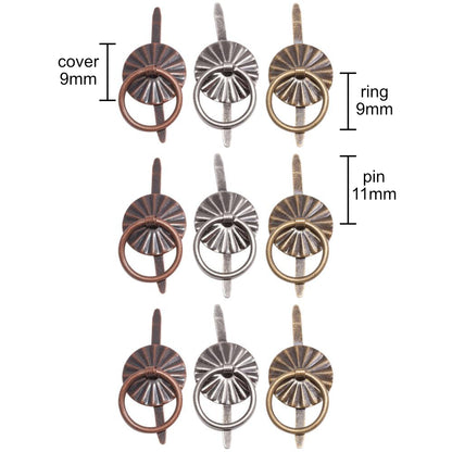 Ring Fasteners ... Idea-Ology Metal Brads by Tim Holtz ... beautifully crafted and durable, these split pins or brads have a rosette style cover and ring, the ideal fastener to use to attach, tie and hang layers and embellishments in visual arts of all kinds. Pack of 9 (nine) fasteners (the ring and flange are 9mm wide, the pins are 11mm long) in three vintage colours (pewter, copper, brass).