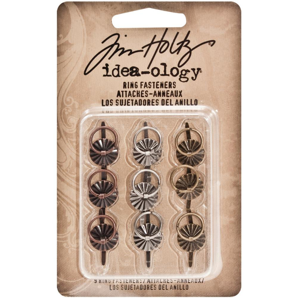 Ring Fasteners ... Idea-Ology Metal Brads by Tim Holtz ... beautifully crafted and durable, these split pins or brads have a rosette style cover and ring, the ideal fastener to use to attach, tie and hang layers and embellishments in visual arts of all kinds. Pack of 9 (nine) fasteners (the ring and flange are 9mm wide, the pins are 11mm long) in three vintage colours (pewter, copper, brass).