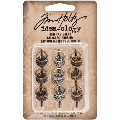 Ring Fasteners ... Idea-Ology Metal Brads by Tim Holtz ... beautifully crafted and durable, these split pins or brads have a rosette style cover and ring, the ideal fastener to use to attach, tie and hang layers and embellishments in visual arts of all kinds. Pack of 9 (nine) fasteners (the ring and flange are 9mm wide, the pins are 11mm long) in three vintage colours (pewter, copper, brass).