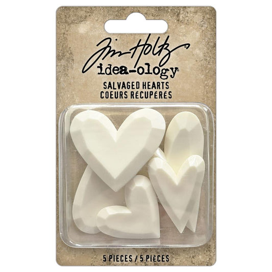Salvaged Hearts - Idea-Ology Resin Models by Tim Holtz ... 5 (five) dimensional faceted hearts made of creamy white resin, ready for altering and using in mixed media, home decor and visual arts.&nbsp;  Tim's Salvaged Hearts are fantastic to turn into flowers, use as flower centres, turn into bodies of mermaids, make faux chocolates, add to cards, frames or Vignette displays, altered with metallics using inks or leaf, use however you wish. TH94380
