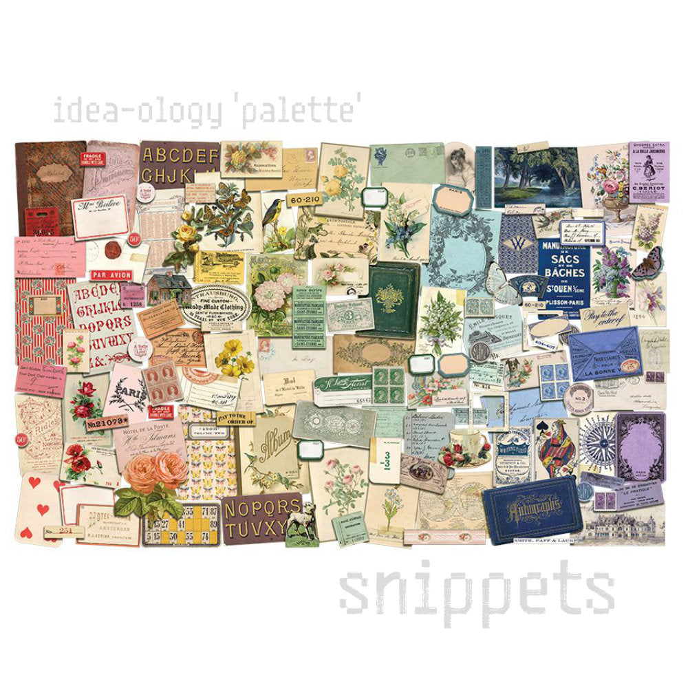 Palette Snippets - Tiny Ephemera ... Idea-Ology by Tim Holtz - a wonderful packet of small and mighty die cut paper embellishments for decorations, displays and ornaments, mixed media, cardmaking, papercraft, scrapbooking and visual arts (136 pieces). This beautiful collection of snippets are paper pieces featuring a curated selection of colourful vintage imagery, flowers, tea cups, nature inspired patterns, typographical elements, labels, book pages, documents and other nostalgic images.