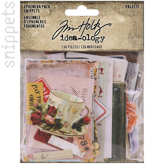 Palette Snippets - Tiny Ephemera ... Idea-Ology by Tim Holtz - a wonderful packet of small and mighty die cut paper embellishments for decorations, displays and ornaments, mixed media, cardmaking, papercraft, scrapbooking and visual arts (136 pieces). This beautiful collection of snippets are paper pieces featuring a curated selection of colourful vintage imagery, flowers, tea cups, nature inspired patterns, typographical elements, labels, book pages, documents and other nostalgic images.