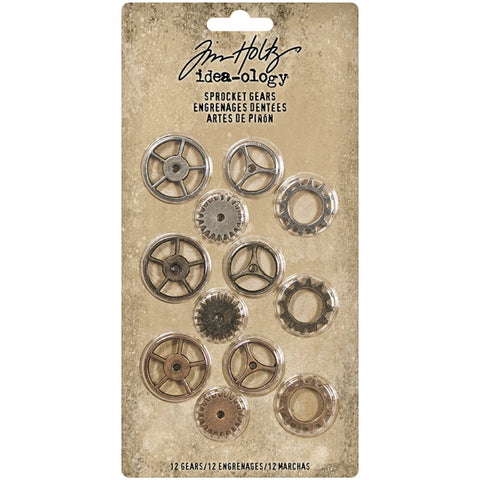 Sprocket Gears ... Idea-Ology Adornments by Tim Holtz. 12 (twelve) small sprockets, gears and cogs made of metal, used for mixed media, decorating ornaments, home decor makes, steampunk projects and visual arts. This pack of high quality metal cogs and gears are finished in 3 (three) different antique colours - iron, copper, pewter. TH92691.