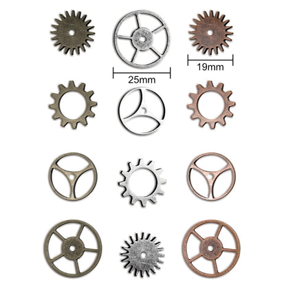 Sprocket Gears ... Idea-Ology Adornments by Tim Holtz. 12 (twelve) small sprockets, gears and cogs made of metal, used for mixed media, decorating ornaments, home decor makes, steampunk projects and visual arts. This pack of high quality metal cogs and gears are finished in 3 (three) different antique colours - iron, copper, pewter. TH92691. Photo showing dimensions.