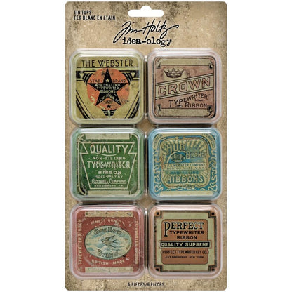 Tin Tops ... Idea-Ology by Tim Holtz - vintage style advertising labels on 2" x 2" x 1/4" deep square tin lids, to use as embellishments for home decor, display makes, visual arts and mixed media crafts. 6 (six) lids, one of each design. TH94128. Add these unique embellishments to greeting cards, off the page masterpieces (like boxes, frames and display pieces), covers of books (journals, scrapbooks, memory albums), on a mixed media canvas, sculpture, 3D project or other visual arts creations.