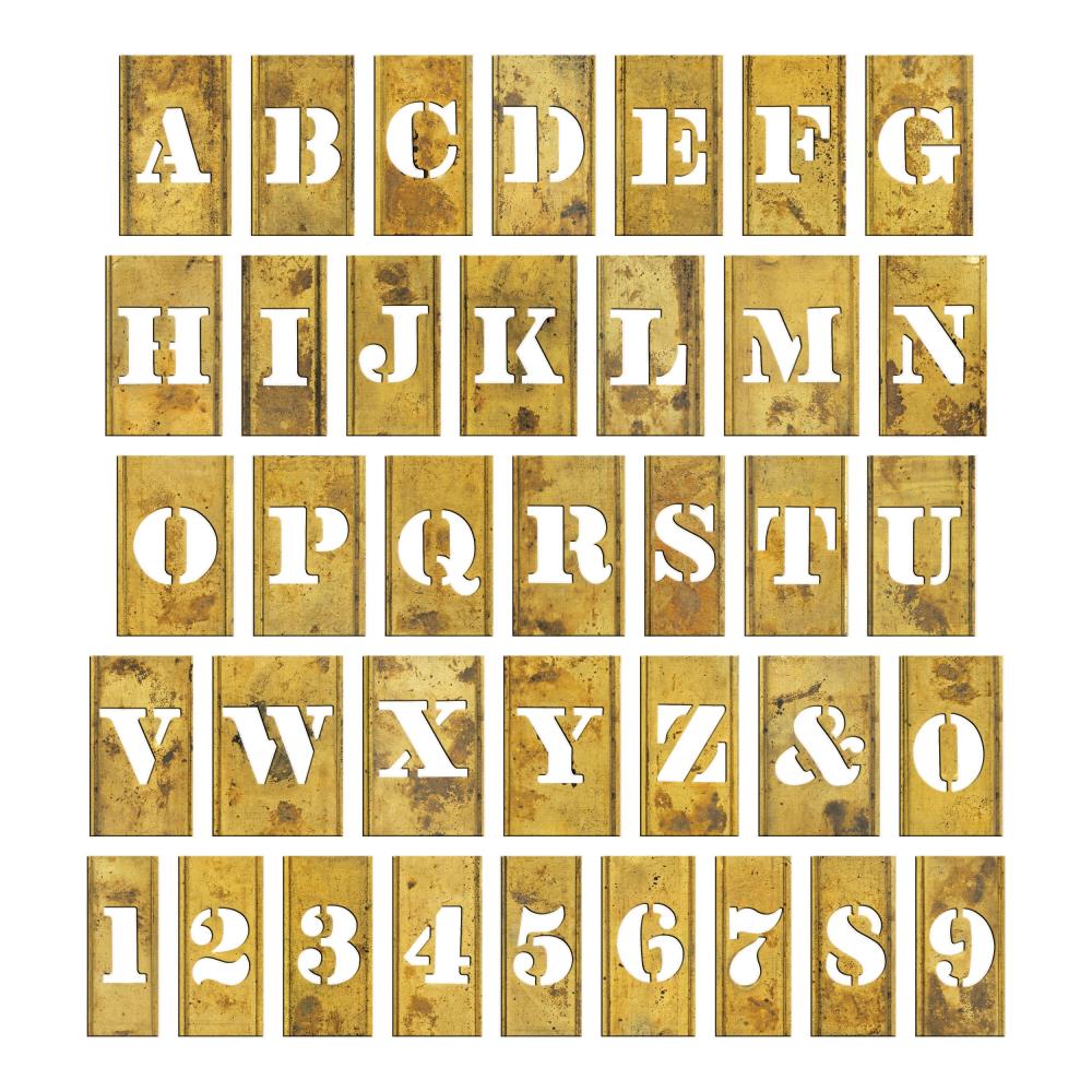 overview of the Stencil Chips, Mini ... Idea-Ology Adornments by Tim Holtz. Die cut labels with cut out letters and numbers made of thin chipboard, to use for mixed media, decorating ornaments, home decor makes and visual arts. 37 (thirty seven) pieces, one of each A to Z, 0 to 9 and an ampersand (&). TH94383