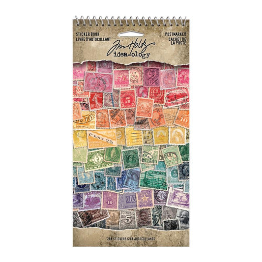 Postmarked, Sticker Book ... by Tim Holtz Idea-Ology - Adhesive backed printed designs in postage stamp sizes, styles and variety of colours with vintage imagery and postmarks. Pack of 12 (twelve) sheets, 288 stickers in a spiral bound booklet.  Tim Holtz Idea-Ology stickers are in a rainbow of Distress colours with different postmarks, stamp designs and sizes. Each is die cut and ready to use to create unique artwork, making cards, mixed media, junk journals, scrapbooking. TH94387