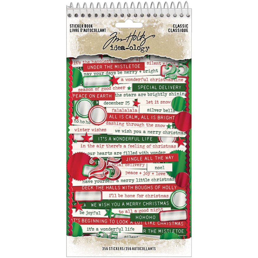 Classic, Sticker Book ... by Tim Holtz Idea-Ology - A wonderful selection of ready to use adhesive backed labels, words, numbers, stars, festive sayings and Christmas greetings, in colours of green and red, some with a metallic finish. Perfect for party decor, papercrafts, mixed media, cardmaking, assemblage projects, scrapbooking, journaling and visual arts. 6 pages with 356 stickers in assorted sizes and designs. TH94502