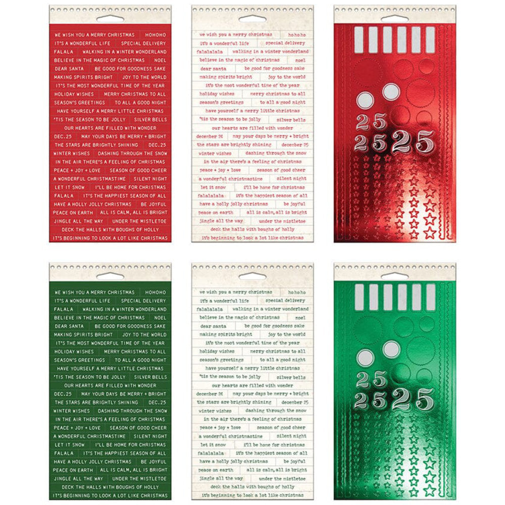 Classic, Sticker Book ... by Tim Holtz Idea-Ology - A wonderful selection of ready to use adhesive backed labels, words, numbers, stars, festive sayings and Christmas greetings, in colours of green and red, some with a metallic finish. Perfect for party decor, papercrafts, mixed media, cardmaking, assemblage projects, scrapbooking, journaling and visual arts. 6 pages with 356 stickers in assorted sizes and designs. TH94502