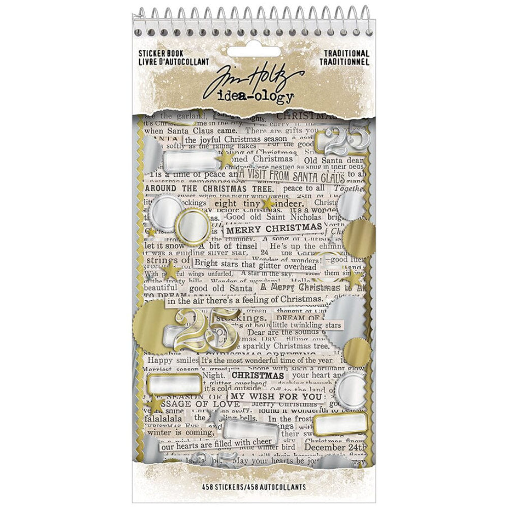 Traditional, Sticker Book ... by Tim Holtz Idea-Ology - A wonderful selection of ready to use adhesive backed labels, words, numbers, stars, festive sayings and Christmas greetings. 4 sheets are in neutral colours, 2 sheets are in a metallic finish, gold and silver. Perfect for party decor, papercrafts, mixed media, cardmaking, assemblage projects, scrapbooking, journaling and visual arts. 6 pages with 458 stickers in assorted sizes and designs. TH94503