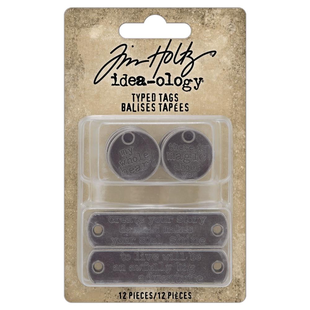 Typed Tags ... Idea-Ology Adornments by Tim Holtz. 12 (twelve) pieces, made of metal in the shape of round and rectangle tags, each with positive and kind messages, used for mixed media, decorating ornaments, home decor makes and visual arts.&nbsp;  Tim Holtz Idea-Ology Metal Adornments are finished in an antique style pewter colour. Ideal for visual arts, sculpture, mixed media canvas, decorating trays, clocks, boxes and frames, bookmaking, junk journaling, scrapbooking. TH94382