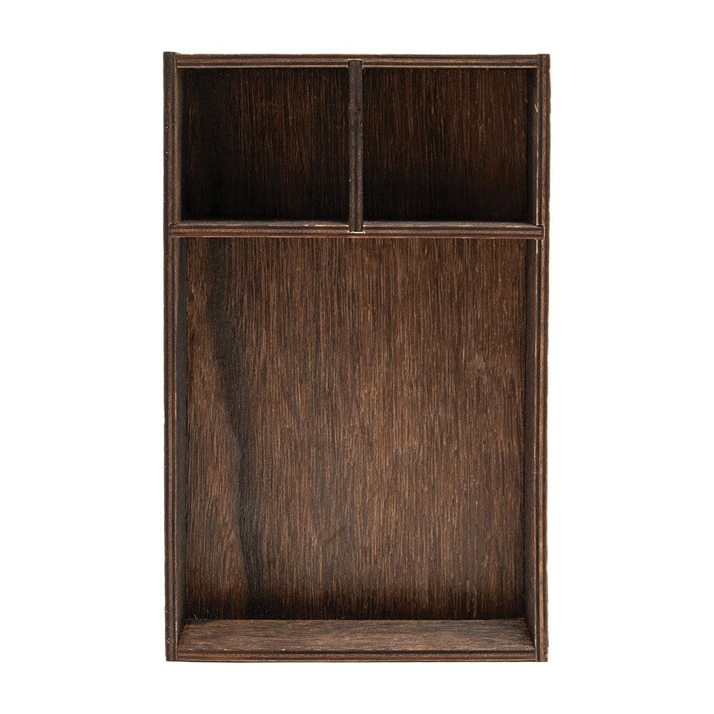 Vignette Curio (Tray, Box) ... by Tim Holtz Idea-Ology. Wooden, shallow, open-top box or tray with removable dividers or shelves. Use to create dimensional artwork for home decor, gifts, creative frames or mixed media projects. 1 (one) tray. Tim Holtz Idea-Ology Vignette Tray is an open-topped box is made of real timber, stained in a dark brown. Fantastic for creating gifts, assemblage, displays, frames, dimensional art, dioramas, mixed media projects. TH94505. Photo front view.