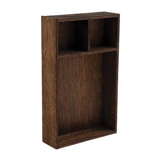 Vignette Curio (Tray, Box) ... by Tim Holtz Idea-Ology. Wooden, shallow, open-top box or tray with removable dividers or shelves. Use to create dimensional artwork for home decor, gifts, creative frames or mixed media projects. 1 (one) tray. Tim Holtz Idea-Ology Vignette Tray is an open-topped box is made of real timber, stained in a dark brown. Fantastic for creating gifts, assemblage, displays, frames, dimensional art, dioramas, mixed media projects. TH94505 . Photo at an angle.