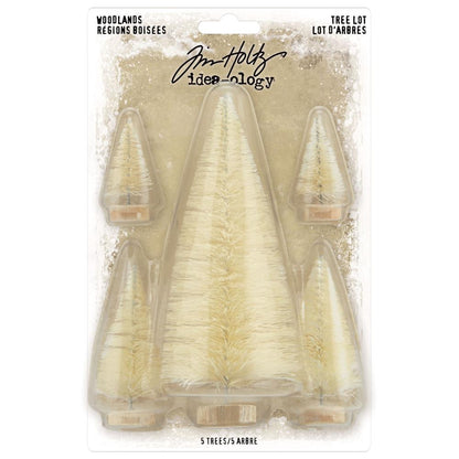 Tree Lot - Woodland Trees ... by Tim Holtz Idea-Ology ... natural bristle pine trees for use as decorations, displays and ornaments, mixed media, papercraft, and visual crafts. 5 (five) trees in 3 sizes, one large 2" x 5" tall, two 1 1/8" x 2 1/2" tall, two 3/4" x 1 1/4" tall. Each tree has a wooden disc base and twisted wire stem (tree trunk). Designed by Tim Holtz as part of the Idea-Ology Christmas Festive Season range. Made by Advantus Corp. TH94211