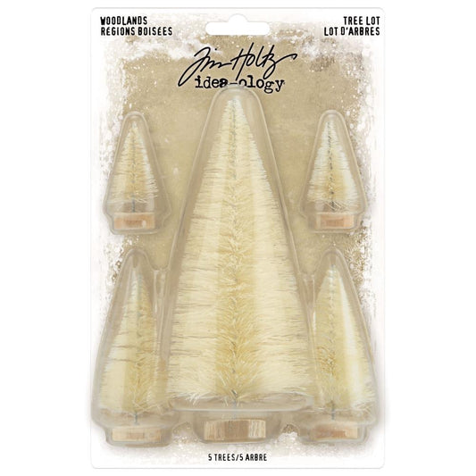 Tree Lot - Woodland Trees ... by Tim Holtz Idea-Ology ... natural bristle pine trees for use as decorations, displays and ornaments, mixed media, papercraft, and visual crafts. 5 (five) trees in 3 sizes, one large 2" x 5" tall, two 1 1/8" x 2 1/2" tall, two 3/4" x 1 1/4" tall. Each tree has a wooden disc base and twisted wire stem (tree trunk). Designed by Tim Holtz as part of the Idea-Ology Christmas Festive Season range. Made by Advantus Corp. TH94211