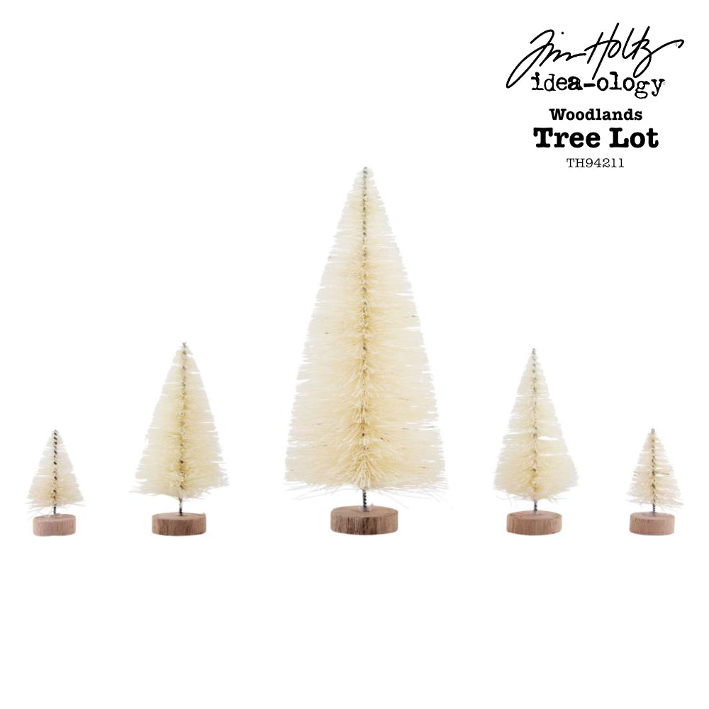 Tree Lot - Woodland Trees ... by Tim Holtz Idea-Ology ... natural bristle pine trees for use as decorations, displays and ornaments, mixed media, papercraft, and visual crafts. 5 (five) trees in 3 sizes, one large 2" x 5" tall, two 1 1/8" x 2 1/2" tall, two 3/4" x 1 1/4" tall. Each tree has a wooden disc base and twisted wire stem (tree trunk). Designed by Tim Holtz as part of the Idea-Ology Christmas Festive Season range. Made by Advantus Corp. TH94211