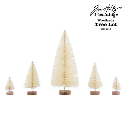 Tree Lot - Woodland Trees ... by Tim Holtz Idea-Ology ... natural bristle pine trees for use as decorations, displays and ornaments, mixed media, papercraft, and visual crafts. 5 (five) trees in 3 sizes, one large 2" x 5" tall, two 1 1/8" x 2 1/2" tall, two 3/4" x 1 1/4" tall. Each tree has a wooden disc base and twisted wire stem (tree trunk). Designed by Tim Holtz as part of the Idea-Ology Christmas Festive Season range. Made by Advantus Corp. TH94211