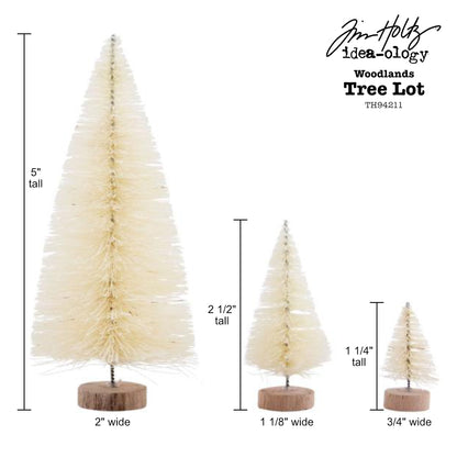Tree Lot - Woodland Trees ... by Tim Holtz Idea-Ology ... natural bristle pine trees for use as decorations, displays and ornaments, mixed media, papercraft, and visual crafts. 5 (five) trees in 3 sizes, one large 2" x 5" tall, two 1 1/8" x 2 1/2" tall, two 3/4" x 1 1/4" tall. Each tree has a wooden disc base and twisted wire stem (tree trunk). Designed by Tim Holtz as part of the Idea-Ology Christmas Festive Season range. Made by Advantus Corp. TH94211 . showing sizes.