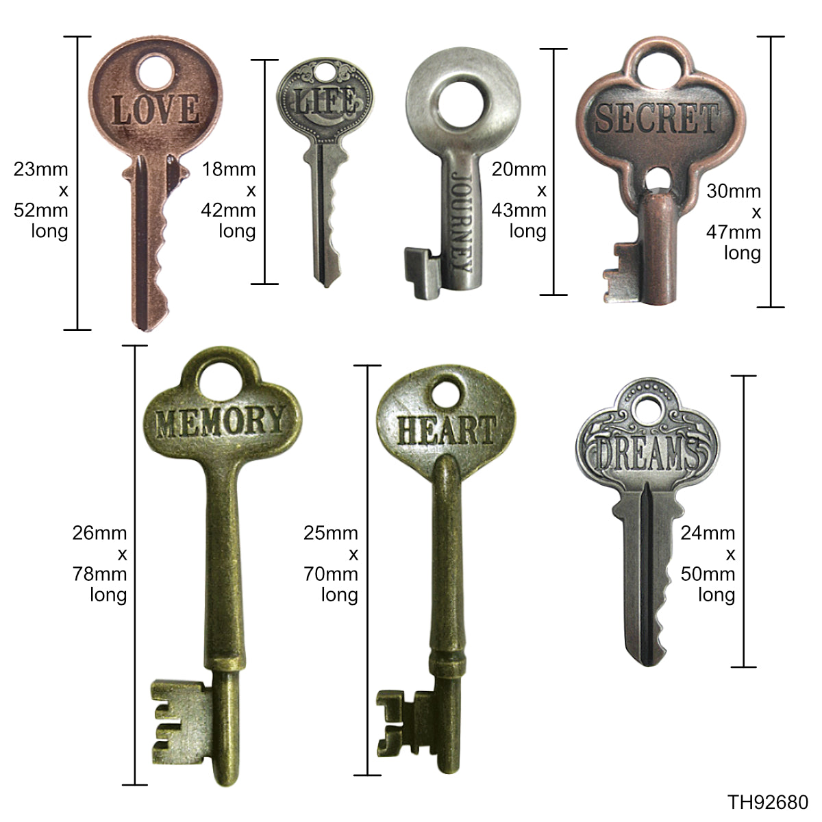 Word Keys, Metal Adornments&nbsp;... by Tim Holtz Idea-Ology - Solid metal keys inspired by vintage keys, each in a different shape and style, engraved with heartfelt words. Use for mixed media, assemblage projects, off-the-page marvels and party decor. 7 (seven) pieces, 1 (one) of each design. TH92680. uniquely shaped embellishment with words of : love, secret, life, memory, journey, dreams, heart. Photo of dimensions