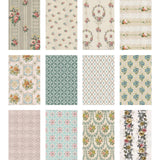 Worn Wallpaper Sheets - Idea-Ology by Tim Holtz ... a gathering of textured, vintage inspired printed designs of salvaged floral imagery. 24 (twenty four) sheets of single sided floral wallpaper textured cardstock featuring flowers, foliage, lace, frames and patterns. Sheet size is 5"x8", 12 designs, two of each design. Photo showing overview of designs.