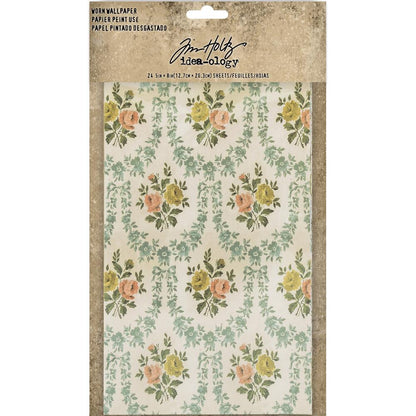 Worn Wallpaper Sheets - Idea-Ology by Tim Holtz ... a gathering of textured, vintage inspired printed designs of salvaged floral imagery. 24 (twenty four) sheets of single sided floral wallpaper textured cardstock featuring flowers, foliage, lace, frames and patterns. Sheet size is 5"x8", 12 designs, two of each design. Photo of packaging.