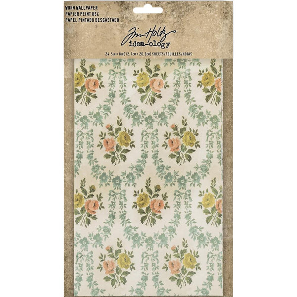 Worn Wallpaper Sheets - Idea-Ology by Tim Holtz ... a gathering of textured, vintage inspired printed designs of salvaged floral imagery. 24 (twenty four) sheets of single sided floral wallpaper textured cardstock featuring flowers, foliage, lace, frames and patterns. Sheet size is 5"x8", 12 designs, two of each design. Photo of packaging.