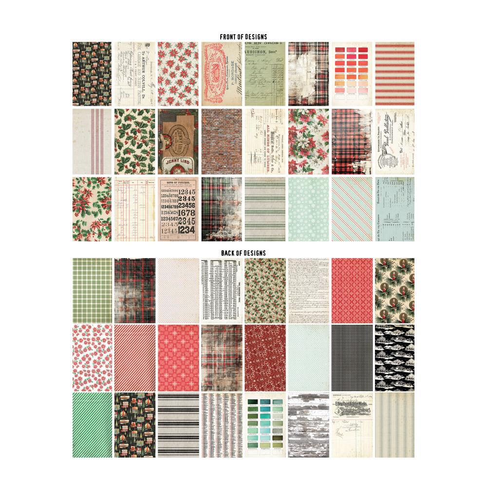 Backdrops, Christmas 2024 - Idea-Ology by Tim Holtz ... a wonderful eclectic collection of papers printed on both sides with memorabilia papers inspired by all things festive and celebrated during December. 24 sheets, each  6"x10". TH94406. Photo of the front and back designs.