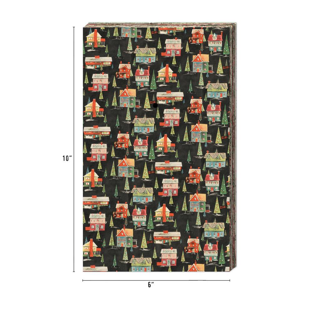Backdrops, Christmas 2024 - Idea-Ology by Tim Holtz ... a wonderful eclectic collection of papers printed on both sides with memorabilia papers inspired by all things festive and celebrated during December. 24 sheets, each  6"x10". TH94406. Photo of the size overview showing the sheet with the gorgeous little houses and trees.