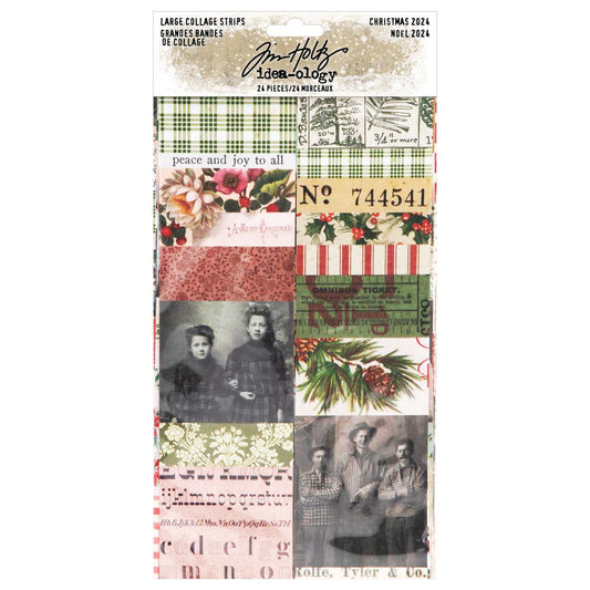 Christmas Collage Strips, Large ... by Tim Holtz Idea-Ology - Printed ephemera featuring vintage designs often seen throughout the festive season of December and Christmas, on ready to use lengths of paper. 24 (twenty four) pieces, one of each design, each strip is 2 1/4" x 9" long (57mm x 225mm). TH94410. Tim Holtz Idea-Ology Christmas Large Collage Strips include a wonderful variety of vintage artwork, patterns, labels, flowers, words, colours and people, gathered together on long strips.