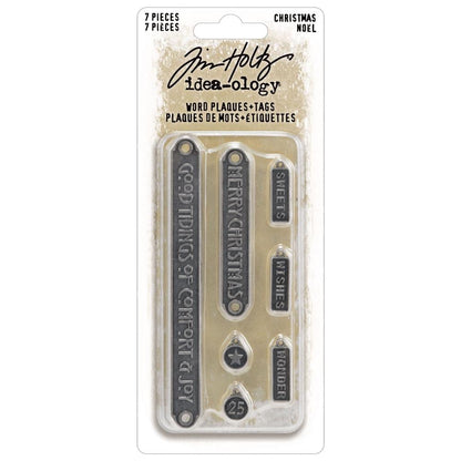 Tim Holtz Idea-Ology - Metal Word Plaques and Tags - Christmas - 7 Pieces